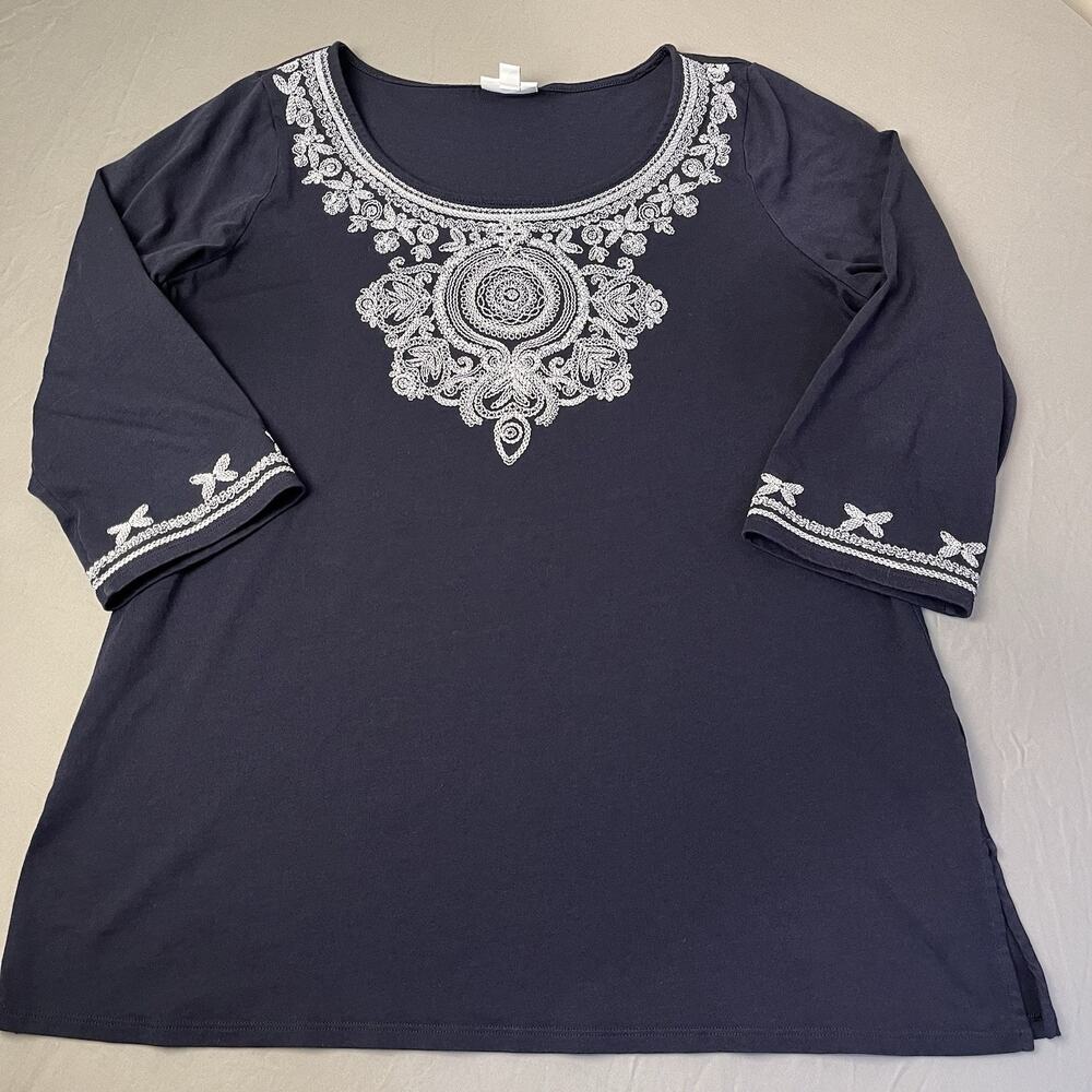 J Jill Top Embroidered 3/4 Sleeve Women's Large Tall (LT) Dark Blue